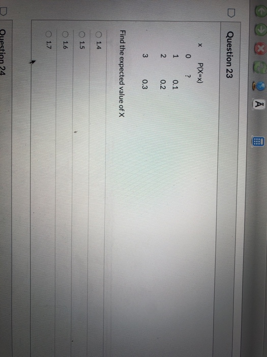 D Question 23 * P(X=x) o ? 1 0.1 20.2 3 0.3 Find the expected value of X O 1.4 O 1.5 1.6 O 1.7 Question 24