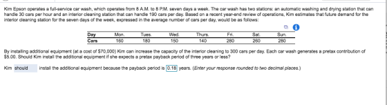Kim Epson operates a full-service car wash, which operates from 8 A.M. to 8 P.M. seven days a week. The car wash has two stat
