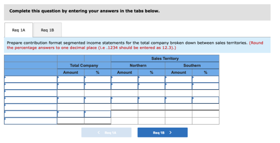 Complete this question by entering your answers in the tabs below. Req 1A Req 1B Prepare contribution format segmented income