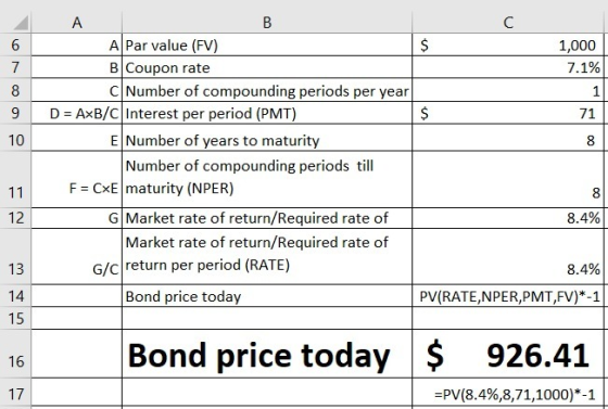 2 1,000 7.1% 11 8 9 71 10 A A Par value (FV) B Coupon rate C Number of compounding periods per year D = AxB/C Interest per pe