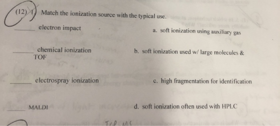 (12) Match the Match the ionization source with the typical use. electron impact a. soft ionization using auxiliary gas chemi