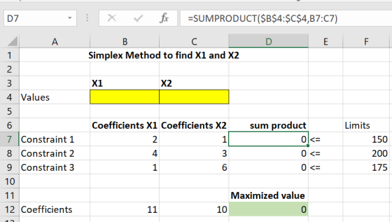 D7 Х fx =SUMPRODUCT($B$4:$C$4,37:07) А D E F B С Simplex Method to find X1 and X2 1 2 X1 X2 Limits 150 3 4 Values 5 6 7 Const