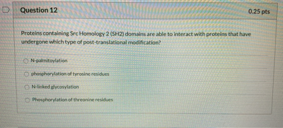 D Question 12 0.25 pts Proteins containing Src Homology 2 (SH2) domains are able to interact with proteins that have undergon