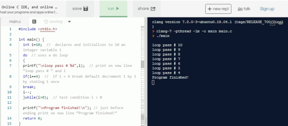 Online C IDE, and online share new repl Sign up run 88 talk save host your programs and apps online f... saving main.c clang