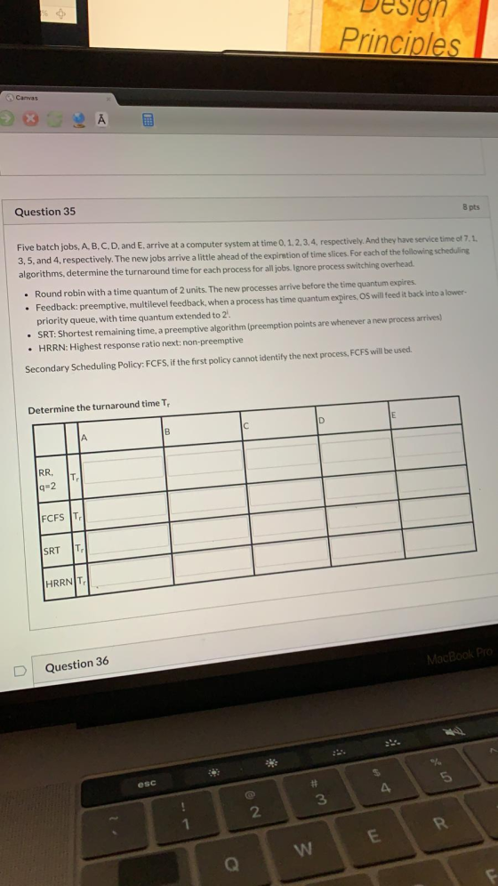 Design Principles Canvas Ā 8 pts Question 35 Five batch jobs, A, B, C, D, and E, arrive at a computer system at time 0, 1, 2,