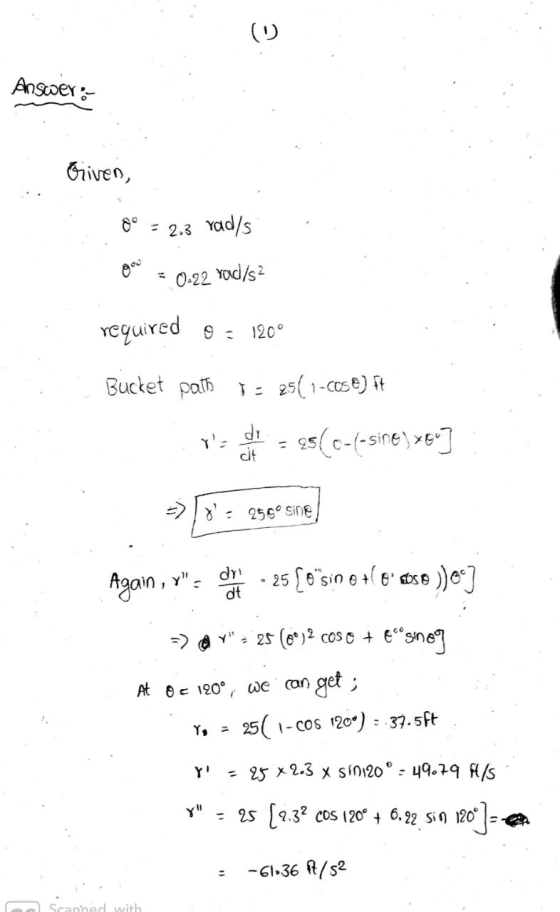 Answer: Griven, 80 = 2.3 rad/s gol = 0.22 Yad/s2 required 9 = 120° Bucket path = 25(1-C058) ft 95(0-4-sine) you] »/8= 258 sin