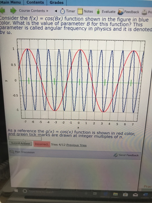 Main Menu Contents Grades Course Contents » Timer Notes Evaluate Feedback P Consider the f(x) = cos(Bx) function shown in the