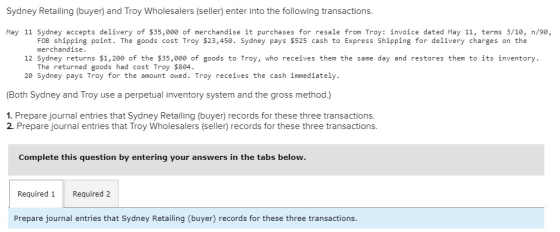 Sydney Retailing (buyer) and Troy Wholesalers (seller) enter into the following transactions. May 11 Sydney accepts delivery