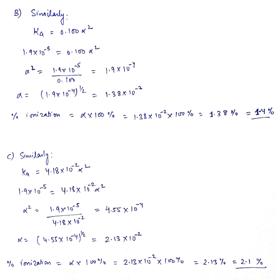 B) Similarly: Ka=0.10002 1.9x105 = 0.10002 az IAX Low = 19 x 10? 0. leo. a = (1.981004)% = 1.38*10-2 % ionization = xx 100% =