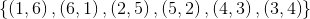 \left \{ \left ( 1,6 \right ),\left ( 6,1 \right ),\left ( 2,5 \right ) ,\left ( 5,2 \right ),\left ( 4,3 \right ),\left ( 3,4 \right )\right \}