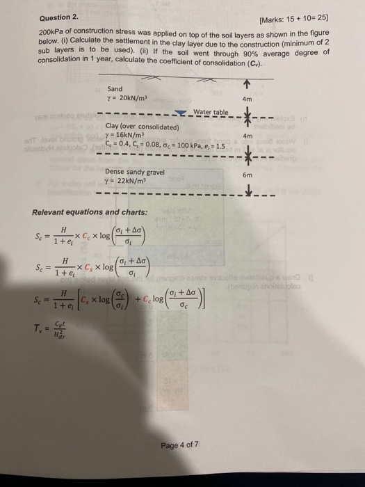 Question 2 [Marks: 15 +10=25] 200kPa of construction stress was applied on top of the soil layers as shown in the figure belo