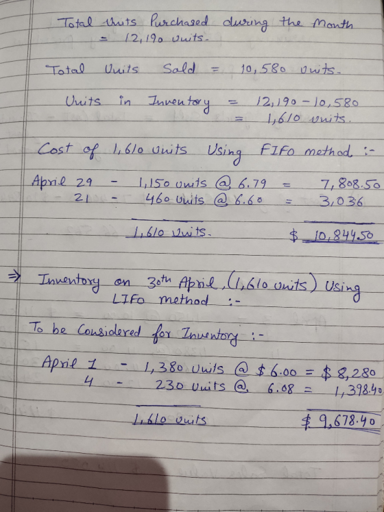 Total 1 tuits Purchased - 121190 Duits. during the month Total Quits sold = 10,580 vuits. Units in Inventory = R = 12, 190 -
