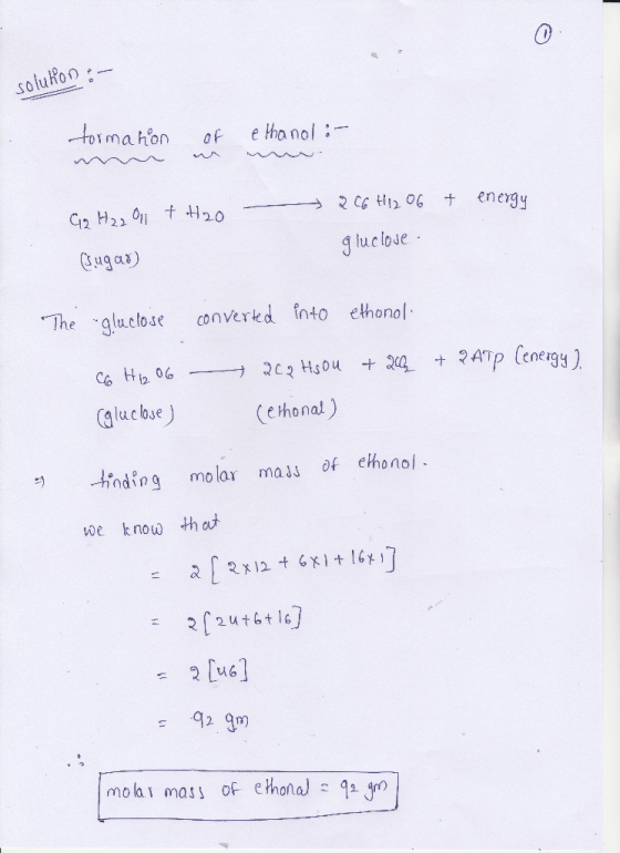 0 soluRon ㅢ01mah on of ethanol:- gluc love The gluclose onverked nto ethonol Pndg molor mas of chono 芍 We know thout 2 [ue] m