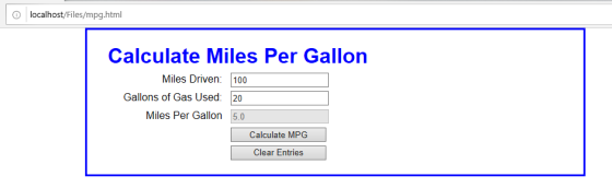 o localhost/Files/mpg.html Calculate Miles Per Gallon Miles Driven: 100 Gallons of Gas Used: 20 Miles Per Gallon 5.0 Calculat