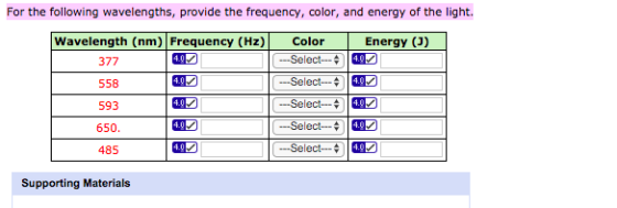For the following wavelengths, provide the frequency, color, and energy of the light, Wavelength (nm) Frequency (Hz) 377 558