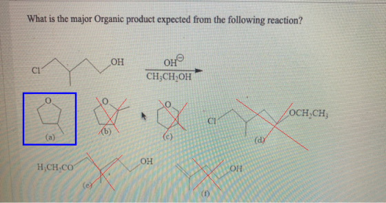 What is the major Organic product expected from the following reaction? ОН Оне СІ СН3СН,ОН ГосH,CH, СІ (а) (c) (d ОН H.CH.CO