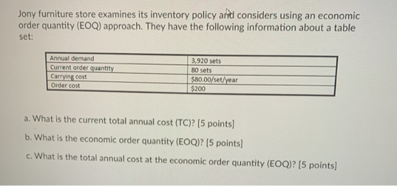 Jony furniture store examines its inventory policy and considers using an economic order quantity (EOQ) approach. They have t