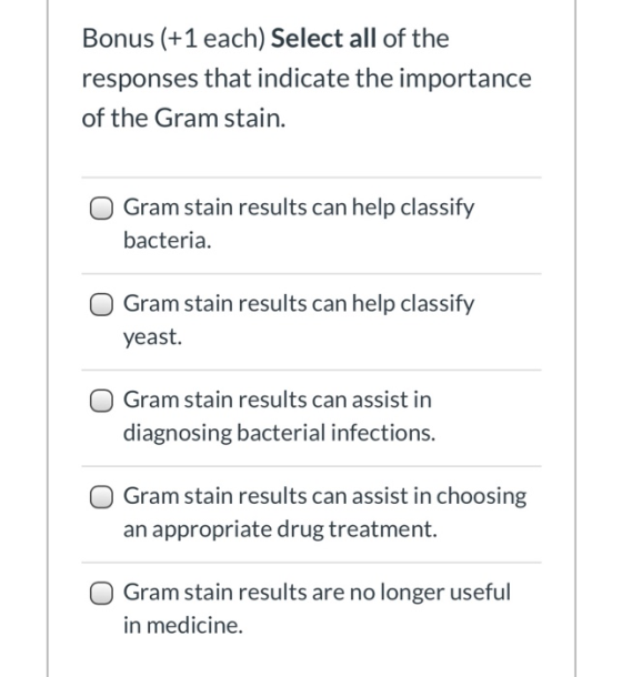 Bonus (+1 each) Select all of the responses that indicate the importance of the Gram stain. Gram stain results can help class