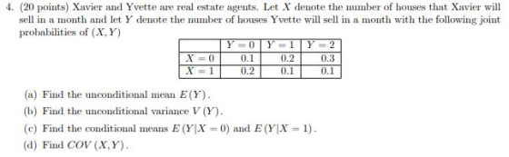 4. (20 points) Xavier and Yvette are real estate agents. Let X denote the number of houses that Xavier will sell in a month and let Y denote the uber of houses Yvette will sell in a month with the following joint probabilities of (X,Y) 0.1 0.2 0.2 0.3 0.1 (a) Find the unconditional mean E(Y) (b) Find the unconditional variance V (Y) (c) Find the conditional means E (YlX-0) and E(Y|X = 1). (d) Find COV (X, Y)