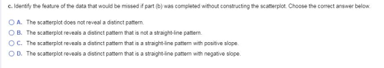 c. Identify the feature of the data that would be missed if part (b) was completed without constructing the scatterplot. Choo