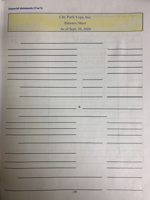 Financial statements (Cont) City Park Yoga, Inc. Balance Sheet As of Sept. 30, 2020 -10-