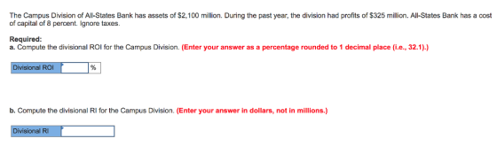The Campus Division of All-States Bank has assets of S2,100 million. During the past year, the division had profits of $325 million. All-States Bank has a cost of capital of 8 percent. Ignore taxes. Required a. Compute the divisional ROI for the Campus Division. Enter your answer as a percentage rounded to 1 decimal place (i.e., 32.1).) Divisional RO b. Compute the divisional RI for the Campus Division. (Enter your answer in dollars, not in millions.) Divisional Rl