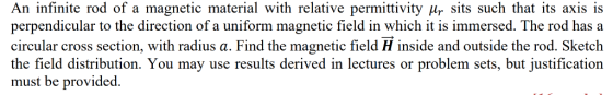 An infinite rod of a magnetic material with relative permittivity fur sits such that its axis is perpendicular to the directi