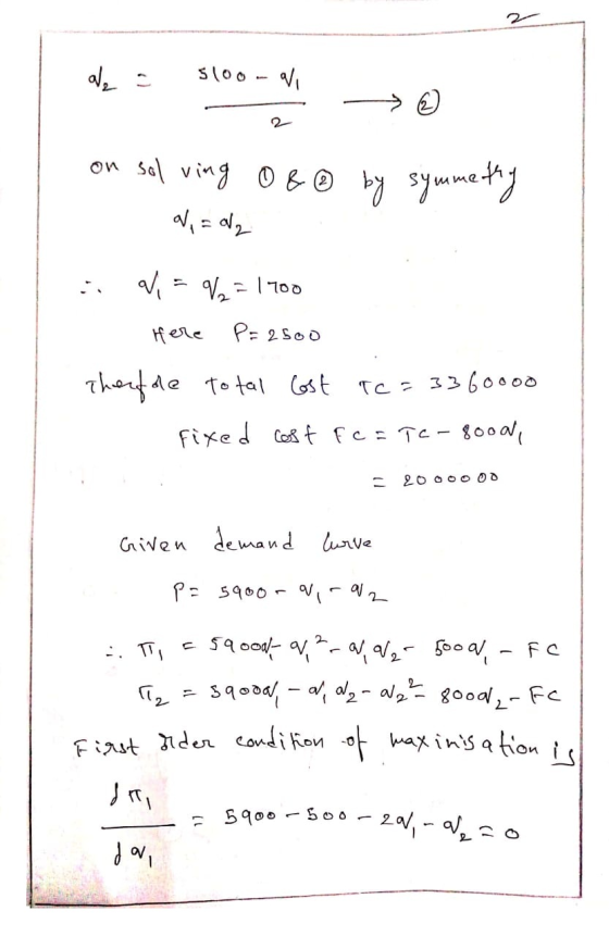 Sloo. ale = 5100-a/ 2 -> on solving O&@ by symmetry W, = 02 :: WV, = V = 1700 Here P = 2500 Therf de total cost Tc= 3360000 f