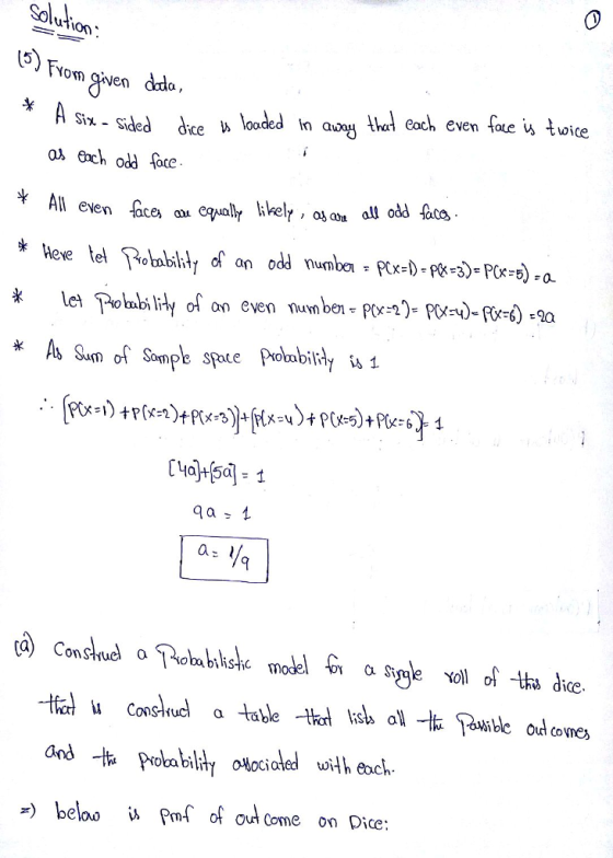 Soluļi FYom gven àda, Six-sided dice认loaded in aay tha ach even fee is twice o» 6ch odd foce All even aceaelly el , o o * A Sum of Somp spare Prolubialy w 1 and-侞 probabil, agociated with ach beloo Psof oul come on Dice: