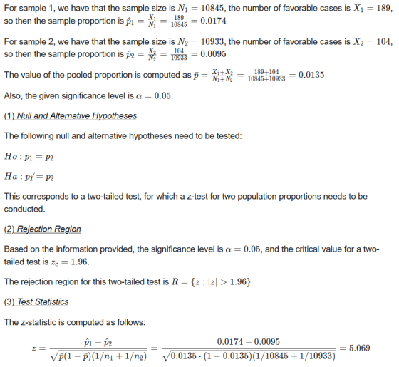 For sample 1, we have that the sample size is N1 = 10845, the number of favorable cases is X1 = 189, so then the sample propo