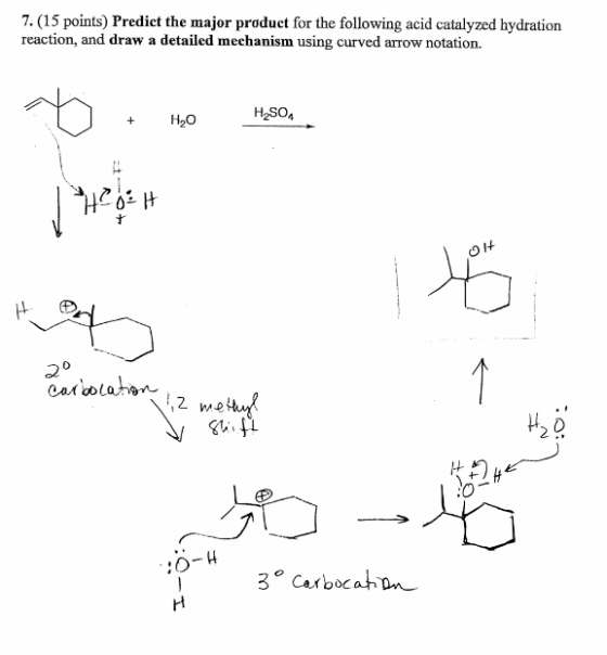7. (15 points) Predict the major product for the following acid catalyzed hydration reaction, and draw a detailed mechanism u