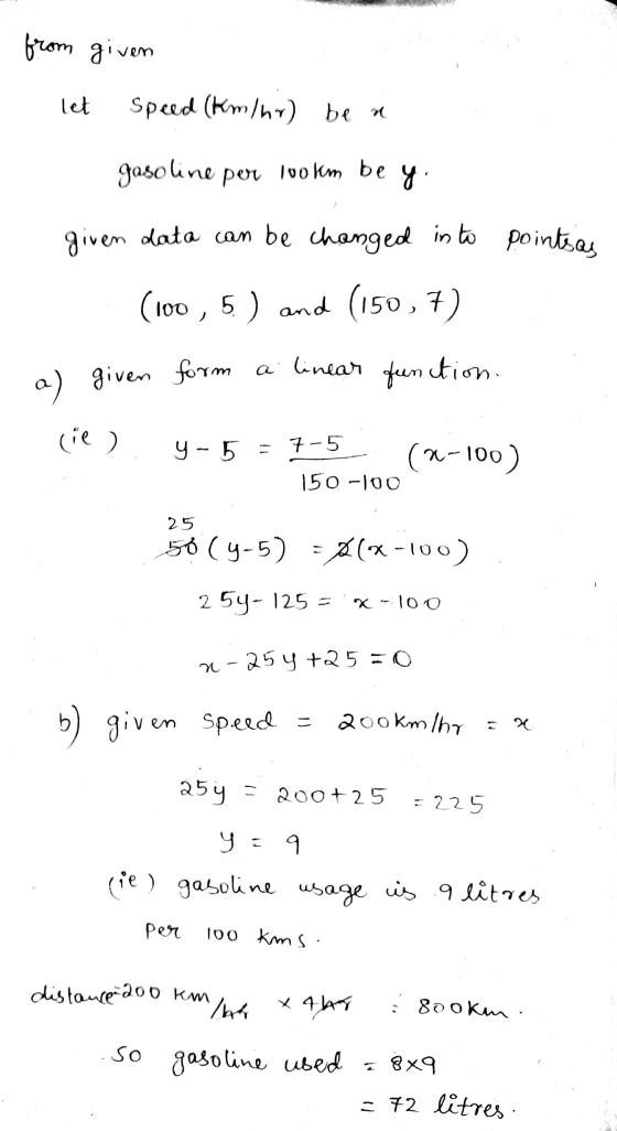 from given let Speed (km/hr) be a gasoline per 100km be gi given data can be changed into points as (100 5 ) and and (150,7)