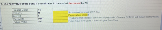 2. The new value of the bond if overall rates in the market decreased by 2% PV Present Value Periods Interest Payments Future
