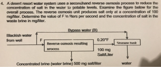 4. A desert resort water system uses a secondhand reverse osmosis process to reduce the concentration of salt in the water sa