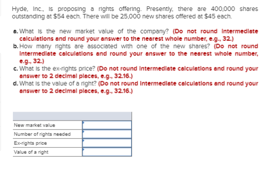 Hyde, Inc., Is proposing a rights offering. Presently, there are 400,000 shares outstanding at $54 each. There will be 25.000