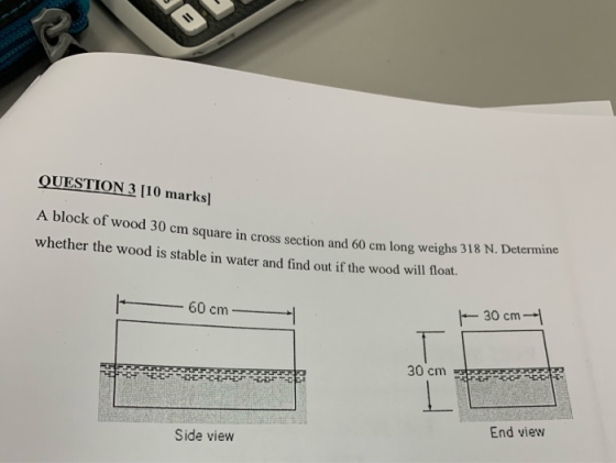 QUESTION 3 [10 marks] A block of wood 30 cm square in cross section and 60 cm long weighs 318 N. Determine whether the wood i