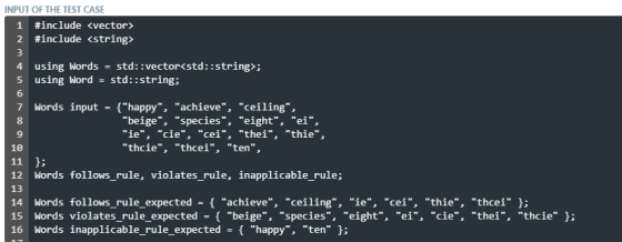 INPUT OF THE TEST CASE #include < vector> 2 #include <string> 1 4 using Words - std::vector< std::string>; using Word std::st