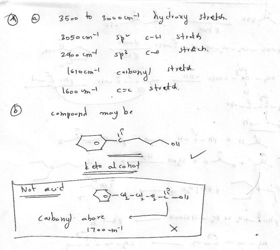 voor @ 3500 to 3000m hydroxy stretch 2050ml spr ch stretch 2900 cmt sp² ch stratch. s logocat carbonyl stretch. 1600 mt cac s