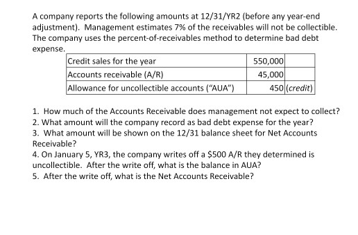 A company reports the following amounts at 12/31/YR2 (before any year-end adjustment). Management estimates 7% of the receiva