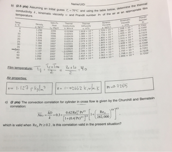 b) (2.5 pts) Assuming an initial guess T, 70°C and using the table conductivity k, kinematic viscosity u and Prandtl number Pr thermal using the table below, determine the viscosity and Pr of the air at an appropriate Kinematic Number Dynamic Viscosity Diffusivity k, W/m-H 0.02364 0.02401 0.02439 0.7362 1.338 x 10 1.382 × 10。 1.426x10 1.470 × 1.516× 10-s 0.7350 0.7336 1 818 × 10 1.880 × 10-5 1.944 x 10-5 1.729 x 10- 1.754 × 10-5 1.778 × 10-s 1.802 × 10-s 1.825× 10-s o-5 1.246 1.225 10 0.7323 0.7309 1007 2.009 10 s 2.074 × 10-s 2.141x 10-5 1849 x 10 1007 1007 1007 1007 1.562 x 10- 0.02551 0.02588 0.02625 О.7282 2.277 × 10 s 1.895 × 10 ° 1.655 x 10 ° 0.7268 2.346 x 10- 1.918 x 10 1.702 x 10 0.7255 1.608 x10s 1.145 2.208 x 105 1.872 x 105 2.416 x 10 1.941 10 1.750 x 10 0.7241 0.7228 0.02735 0.02808 2.487 × 10 2.632 × 10-s 1.963 x 1 1.798 x 10 2.008 x 10-5 1007 1.896 × 10 Eilim temperature:o2loo Air properties: (2 pts) The convection correlation for cylinder in cross flow is given by the Churchill and Bernstein correlation: c) 0.3+0.62 Rel? pr/a I+(0(282,000 which is valid when Rep Prz0.2. Is this correlation valid in the present situation?