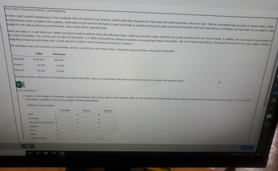 Excel Online Structured Activity: Cash Budgeting porothy Koehl recently leased space in the Southside Mall and opened a new b