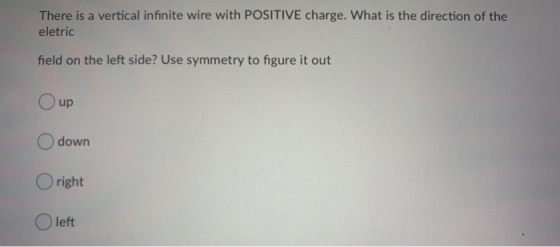 There is a vertical infinite wire with POSITIVE charge. What is the direction of the eletric field on the left side? Use symm