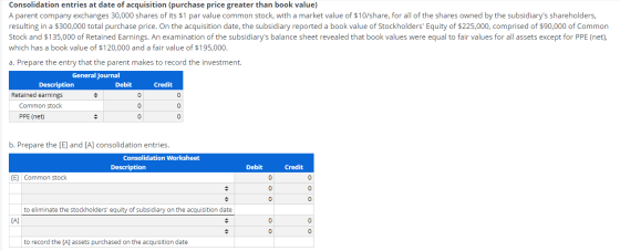 Consolidation entries at date of acquisition (purchase price greater than book value) A parent company exchanges 30,000 share