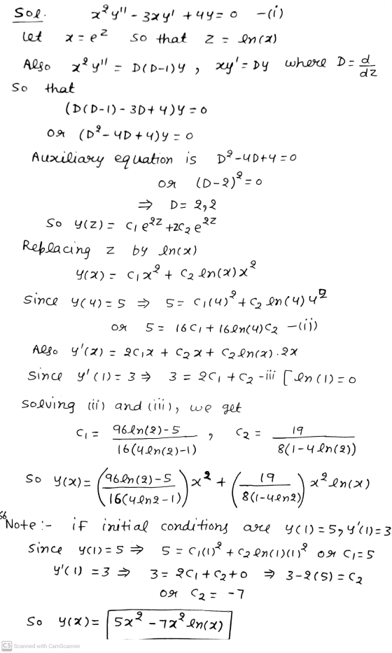 or 22 sol. z?y - 3xy +44= 0 - (() let x=e? so that z = enca) Also xy. - D(D-1), xy= DY where D=d dz So that (DCD-1)- 30+4