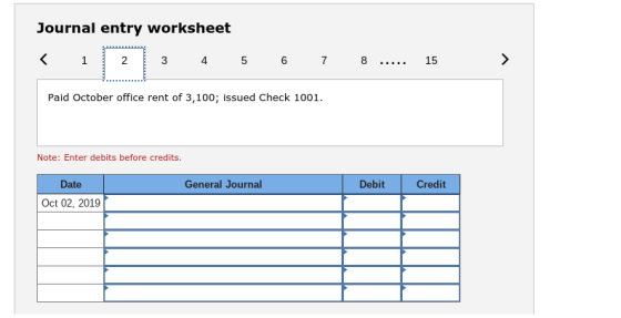 Journal entry worksheet Paid October office rent of 3,100; issued Check 1001 Note: Enter debits before credits. Date General Journal Debit Credit Oct 02, 2019