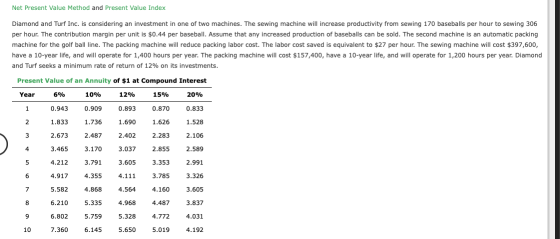Net Present Value Method and Present Value Index Diamond and Turf Inc. is considering an investment in one of two machines. T