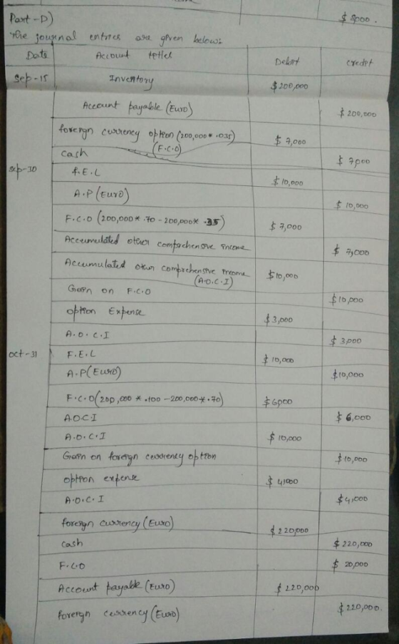 Paxt -D) oort oD Dato Acut tetle redrt Sep-is Inventor 20อ,000 Accunt payable Euwo 2D0, DoD foserin Costeney oHmy)(200,000 ¥.car Cash Scp-3D f.E.L lo,000 F. c .D (200,000 * To-200,000%-35 3,000 to,006 Getn on F.C.O tb,poo 3,000 3p0o oct 31 F.E.L To, ood to00o AO.CI o,000 tb,pbo Hon extene 4 00 forenyn custency (Euso) 2 200DD Cash F.00 Acco foxergh cesED 220,0o0 $ 20,000 220,o0o