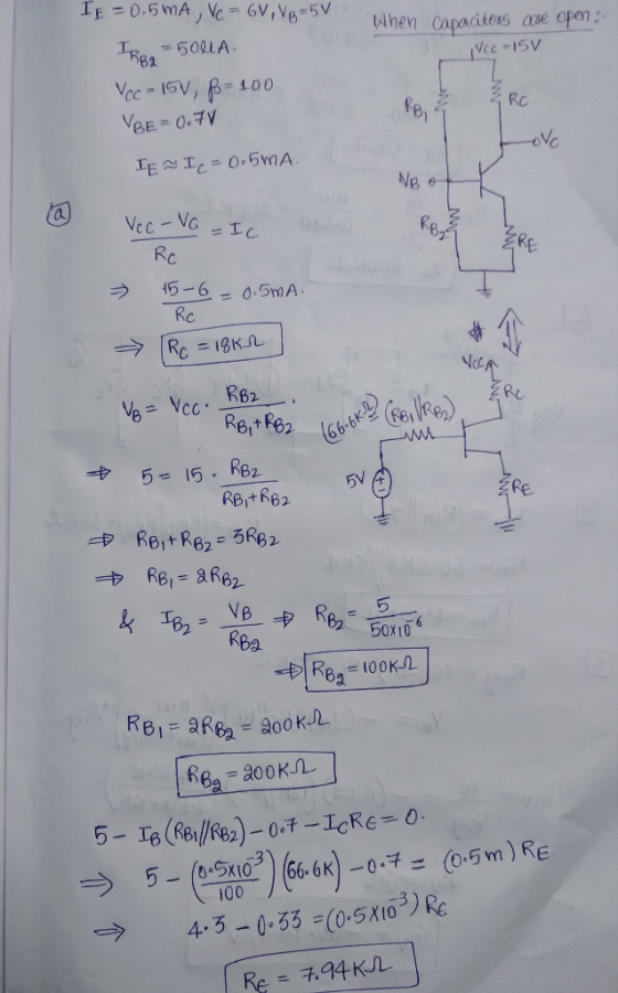 when Capacitens ave open: Rc Rc ラ6-6-05mA. Rc Ncc 22 (681 6-15 , 5-16(RBı//RB2)-0汗_ZgRe-0. 4-5-0-53 =(05X103) Re →