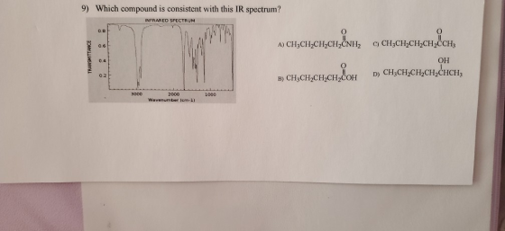 9) Which compound is consistent with this IR spectrum? INFRARED SPECTRUM A) CH3CH2CH2CH2CNH, TRANSMITTANCE CH3CH2CH2CH2CCH; О