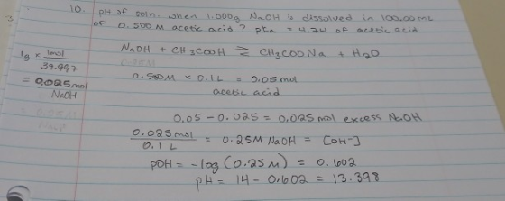 14 of Soin. when 1.000 of O.SDOM acetic acid ? NaOH is dissolved in 0.00 TL pka - 4.74 of acetic acid NaOH + CH3COOH Igx Imol